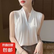 25夏季新款緞面V領(lǐng)無(wú)袖天絲襯衫女設(shè)計(jì)感夏薄款時(shí)尚百搭內(nèi)搭上衣 黑色 2XL 體重135-150