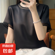 夏新款韓版女圓領(lǐng)上衣寬松網(wǎng)紗拼接絲滑緞面時(shí)尚性感百搭短袖t恤Q 黑色 L 體重105-115