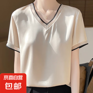 夏季新款韓版女絲滑緞面網(wǎng)紗時(shí)尚性感寬松休閑v領(lǐng)女拼色短袖t恤Q 香檳 XL 體重110-120