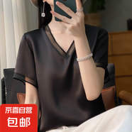 夏季新款韓版女絲滑緞面網(wǎng)紗時(shí)尚性感寬松休閑v領(lǐng)女拼色短袖t恤Q 黑色 2XL 體重120-135