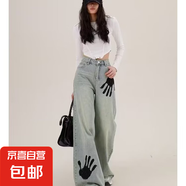 手掌印潮流韓系搞怪夏季女生牛仔褲梨型顯瘦寬松百搭穿搭情侶KXW 【手掌印百搭款】藍色   M 【90-105斤】