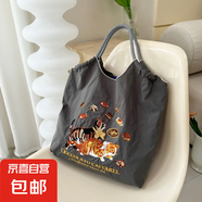 日系Ball Chain同款動(dòng)物狂歡貓咪刺繡購物袋【不含肩帶】 灰色巧克力貓/ 大號