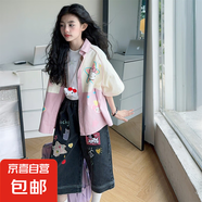 女童夏季套裝潮酷穿搭中大童女孩2025新款卡通襯衫牛仔中褲兩件套 套裝 薄款 120