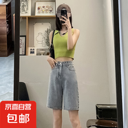 女裝25新款夏季超酷高腰寬松直筒五分短褲女牛仔褲 淺藍色 30