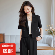 灰色短袖西裝套裝女夏季薄款2025新款小個子休閑氣質(zhì)短款西服外套 黑色（單件外套） 2XL