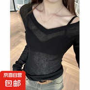 純欲低領(lǐng)微透防曬罩衫女春夏季新款高級(jí)感V領(lǐng)針織T恤薄款上衣修身 49黑色 S