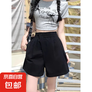 2025夏季新款闊腿短褲女松緊高腰一?？坌蓍e褲 黑色 M