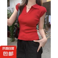 粉色polo領(lǐng)短袖t恤女夏季2025新款修身內(nèi)搭打底衫小飛袖針織上衣 紅色 S