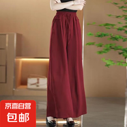 【肌理褶皺】時尚女裝薄款闊腿褲2025寬松休閑高腰慵懶長褲 酒紅色 輕薄 冰絲皺-長款 L 建議（100-120斤）