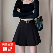 灰色西裝短褲女春夏季2025新款高腰外穿顯瘦百褶a字裙褲休閑短褲 黑色 L