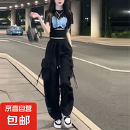 美拉德ins工裝褲子女春秋季新款抽繩高腰寬松直筒褲休閑 黑色 M