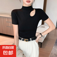 2025秋冬新款半高領(lǐng)打底衫女內(nèi)搭高級(jí)破洞小眾長(zhǎng)袖T恤修身上衣DS 黑色[螺紋短袖] 均碼 S[90斤以下]