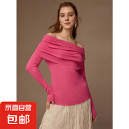 歐美跨境春秋羊毛露肩針織衫上衣女修身純色套頭一字領毛衣打底衫 玫紅色 M