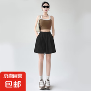 【速干】2025新款夏季女裝休閑闊腿褲高腰百搭冰絲短褲女褲 K01-黑色 M 建議90-105斤