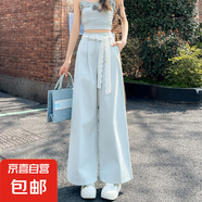 蕾絲西裝褲闊腿褲女夏薄款小個(gè)子松緊高腰顯瘦寬松休閑九分直筒褲 藍(lán)色 M