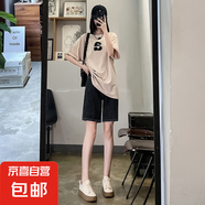 女裝25新款夏季超酷高腰寬松直筒五分短褲女牛仔褲 黑灰色 30
