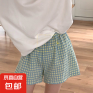 夏季家居短褲女碎花印花高腰顯瘦闊腿褲運動休閑褲子寬松格子睡褲 綠色