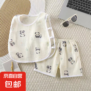 兒童夏季套裝棉紗琵琶背心兩件套嬰兒套頭背心短褲寶寶家居服睡衣 紗布套裝-04 灰色熊貓 90 建議身高80cm