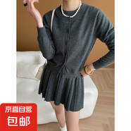 春秋摩登學(xué)院風(fēng)短袖外套裙子新款針織衫開衫半身裙時尚三件套裝女 深灰色 均碼