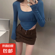 純欲辣妹圓領(lǐng)正肩長袖T恤女不規(guī)則春秋短款上衣設(shè)計(jì)感顯瘦打底衫 藍(lán)色 M