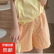 夏季家居短褲女碎花印花高腰顯瘦闊腿褲運動休閑褲子寬松格子睡褲 橙色