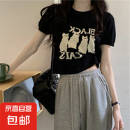 新款夏季顯瘦短款貓咪印花T恤女小眾正肩短袖冰絲針織衫上衣XC 29黑色 均碼