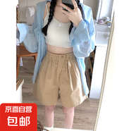 2025夏季新款闊腿短褲女松緊高腰一?？坌蓍e褲 卡其色 M