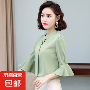 喇叭袖雪紡襯衫女中袖夏季新款洋氣小v領(lǐng)上衣女減齡顯瘦短袖襯衣 豆綠色 XL