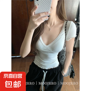 法式白色蕾絲波點(diǎn)V領(lǐng)短袖T恤女夏季純欲辣妹風(fēng)修身小個(gè)子短款上衣 白色短袖 M