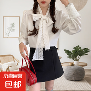 女士長袖襯衫法式復(fù)古蕾絲系帶襯衫2025秋季新款韓系通勤上衣飄帶 月光白 均碼