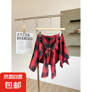 復(fù)古假兩件短褲裙子不規(guī)則格子休閑半身裙女高腰辣妹夏季2025新款 紅色/自帶內(nèi)襯 S