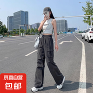 黑色降落傘工裝褲女夏季薄2025新款高腰休閑闊腿褲速干美式運(yùn)動(dòng)褲 深灰色【加長(zhǎng)款】 XL