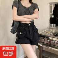 復(fù)古卷邊牛仔短褲女2025年新款夏季熱褲高腰顯瘦寬松闊腿褲子外穿 N135黑色 4XL