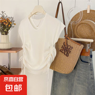 復古撞色條紋V領(lǐng)飛飛袖冰絲針織衫女春夏洋氣顯瘦側抽繩綁帶上衣 凈版白色 L