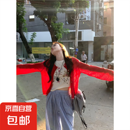 紅色冰絲防曬開衫女夏季薄款外搭針織外套后背蝴蝶結刺繡空調上衣 紅色開衫 均碼 建議85-140斤