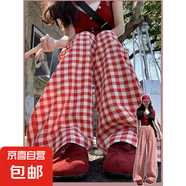 爆款格子褲女2025夏季高腰休閑顯瘦格紋褲小個(gè)子多巴胺直筒闊腿褲 紅色-加長款【原版品質(zhì)】 M 【90-105斤】