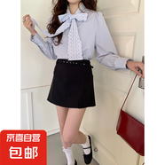 女士長袖襯衫法式復(fù)古蕾絲系帶襯衫2025秋季新款韓系通勤上衣飄帶 水霧藍(lán) 均碼