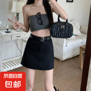 純欲風(fēng)a字裙西裝半身裙女新款夏裝高腰灰色短裙包臀半裙顯瘦裙子 黑色-帶皮帶 XS