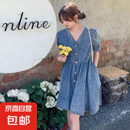 其他品牌減齡氣質V領牛仔連衣裙女2024夏季新款大碼胖mm收腹顯瘦背帶短裙 藍色設計感牛仔連衣短裙單件 4XL