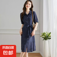 100%桑蠶絲牛仔印花真絲連衣裙女夏簡約翻領(lǐng)短袖爆款裙子 牛仔藍 L