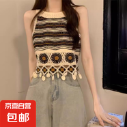 鏤空條紋流蘇吊帶背心女夏季無(wú)袖外穿坎肩民族風(fēng)波西米亞jazz上衣 黑色 均碼