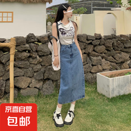 其他品牌高腰開(kāi)叉牛仔半身裙女2024年春季新款小個(gè)子顯瘦復(fù)古a字包臀長(zhǎng)裙 復(fù)古藍(lán) L