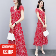 2025夏季新款碎花連衣裙女短袖新款遮肚顯瘦大碼寬松連衣裙 紅色 2XL 【建議125-135斤】