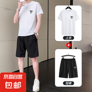 冰絲休閑運動(dòng)套裝男士夏季短袖t恤長(cháng)褲休閑跑步服時(shí)尚帥氣夏裝男 短套-老鷹-白色 2XL 130-145斤