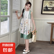女童夏季連衣裙小女孩國風(fēng)提花公主裙2025新款女寶花卉碎花背心裙 綠色 120