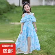 女童連衣裙夏裝2025新款洋氣兒童雪紡?fù)衔菜榛ㄈ贡】畲笸奶烊棺?106藍(lán)色拖尾雪紡裙 160