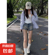 美式辣妹牛仔短褲女夏季2025新款復(fù)古做舊高腰顯瘦彈力a字熱褲潮 淺藍(lán)色 M