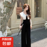 黑色撞色高腰顯瘦闊腿連體褲氣質(zhì)輕奢百搭闊腿褲夏季連衣褲D2098 白色 2XL 【130-145斤】