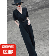【送腰帶】2025夏高級感通勤闊腿褲斗篷拼接高腰顯瘦連體褲D1307 黑色 S 【100斤以下】