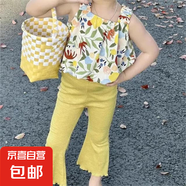 女童夏裝韓版碎花吊帶衫套裝2023女寶寶洋氣小背心喇叭褲兩件套潮 黃色 套裝 130